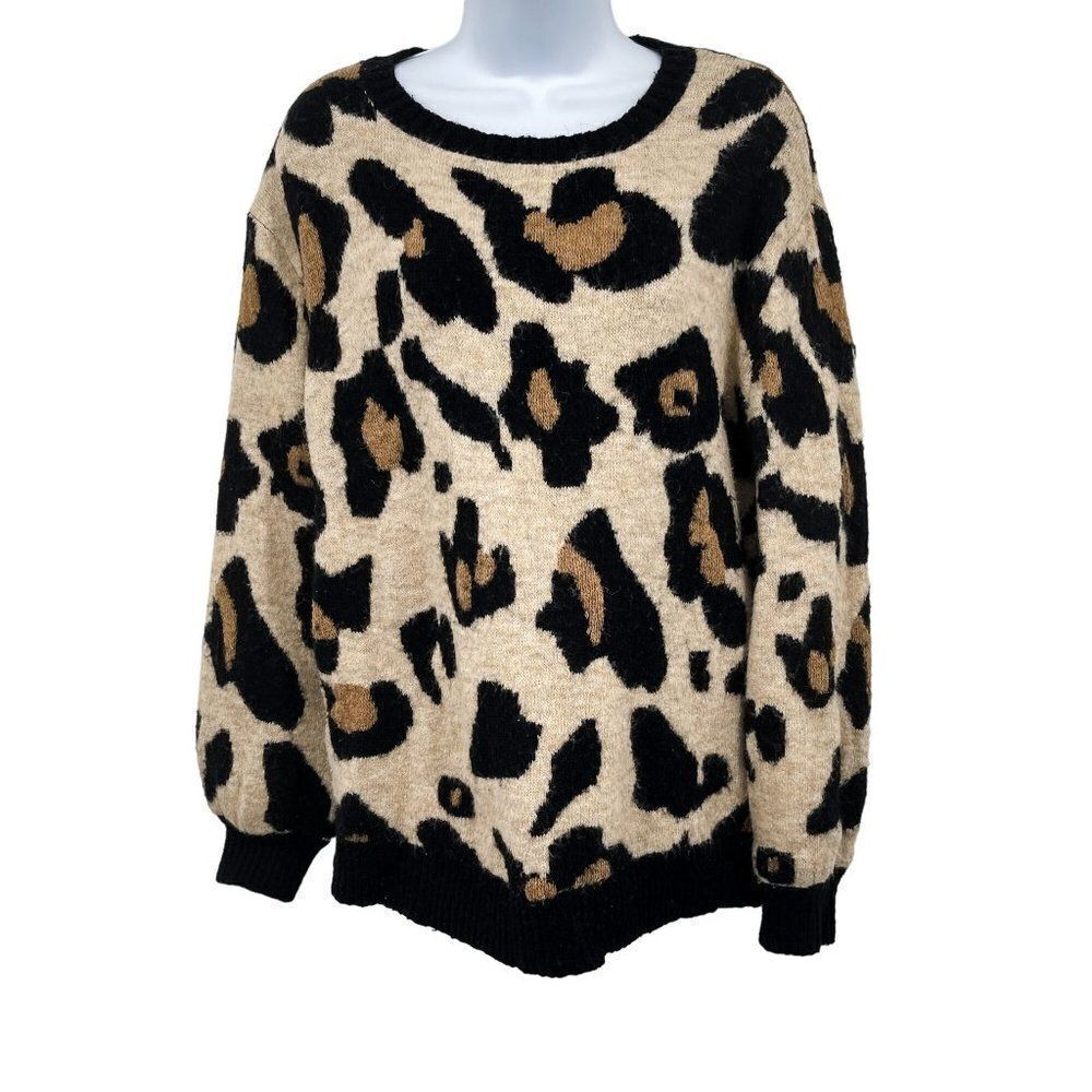 Entro Leopard Cheetah Knit Animal Print Balloon Sleeve Cozy Sweater Top - Picture 5 of 9